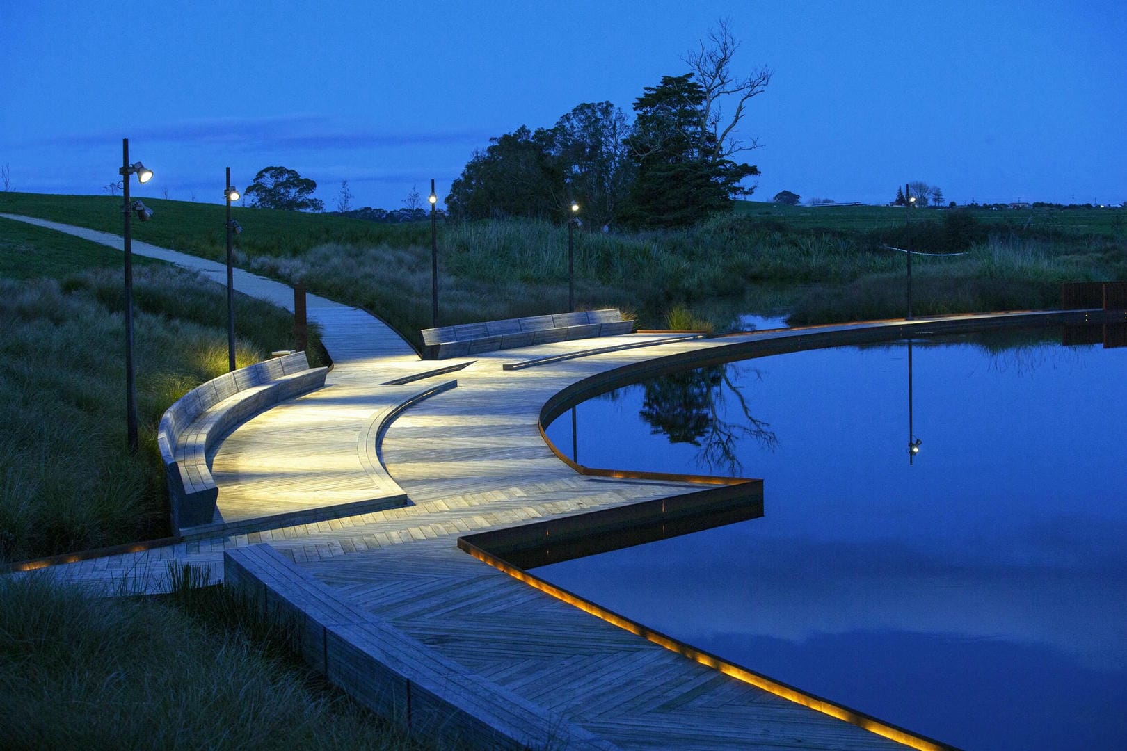 Temple View - Legacy Park Boardwalk at dusk - Mansergh Graham Landscape Architects